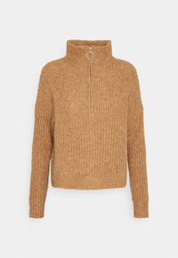 Pull court marron tricoté avec un col montant et une fermeture partielle à glissière. Présente une texture côtelée et des épaules tombantes pour une coupe décontractée.