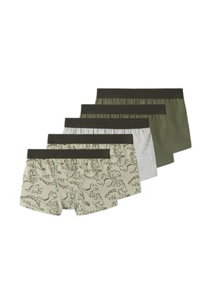 Cinci perechi de boxeri băieți cu șoldare negre, inclusiv două cu imprimeuri dinozaur, una gri și două verde măsliniu uni.