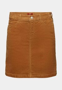 Gonna in corduroy marrone con forma aderente, chiusura frontale con bottoni, tasche e orlo dritto. Tessuto testurizzato con righe verticali.