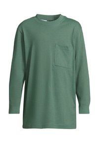 Grønn langermet skjorte laget av mykt stoff, med rund hals og brystlomme. Enkel design med rett snitt.