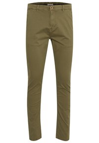 Olivově zelené chinos kalhoty z bavlny s hladkou texturou. Mají pět kapes, zapínání na knoflík a zúžený střih nohavic.