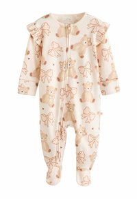 Monos de bebé color crema con estampado de osito de peluche y lazo. Presenta hombros con volantes, mangas largas y un diseño con pies para mayor calidez.