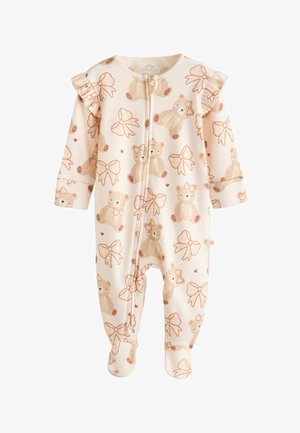 Hellbeige Babykleid mit Druck von einem Teddybären und einer Schleife. Mit Rüschen an den Schultern, langen Ärmeln und einem Fußdesign für Wärme.