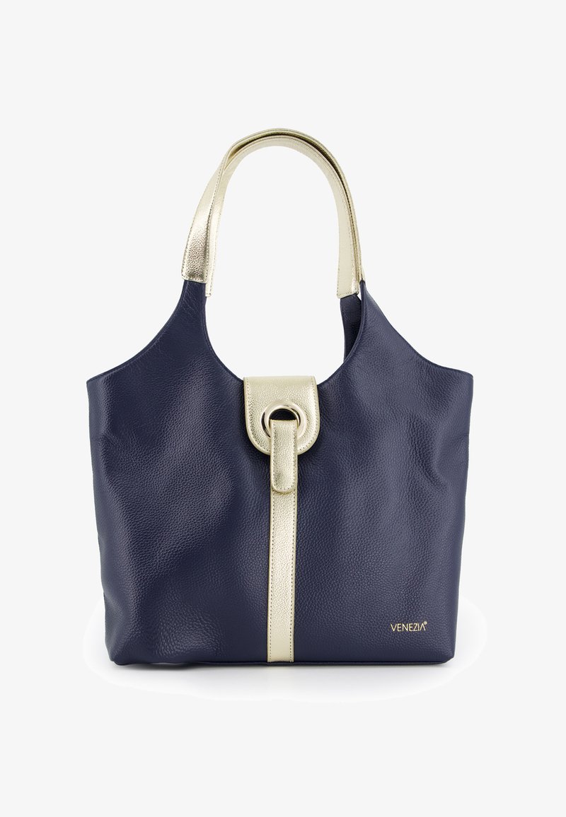 Marine leren handtas met een gouden accent en een ronde sluiting. Heeft een gestructureerd oppervlak en een comfortabele schouderriem.