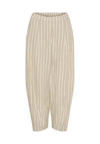 Beige harembukser lavet af blødt stof, med lodrette hvide striber, elastisk talje og løse tapered ben.
