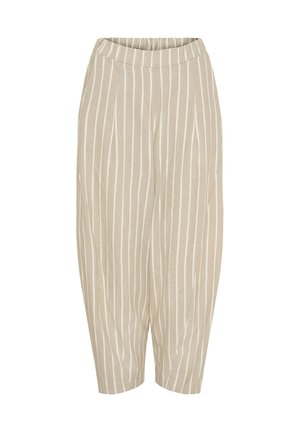Beige harembukser lavet af blødt stof, med lodrette hvide striber, elastisk talje og løse tapered ben.