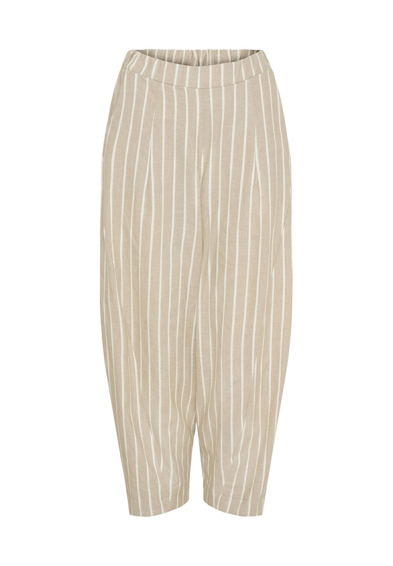 Beige harembukser lavet af blødt stof, med lodrette hvide striber, elastisk talje og løse tapered ben.