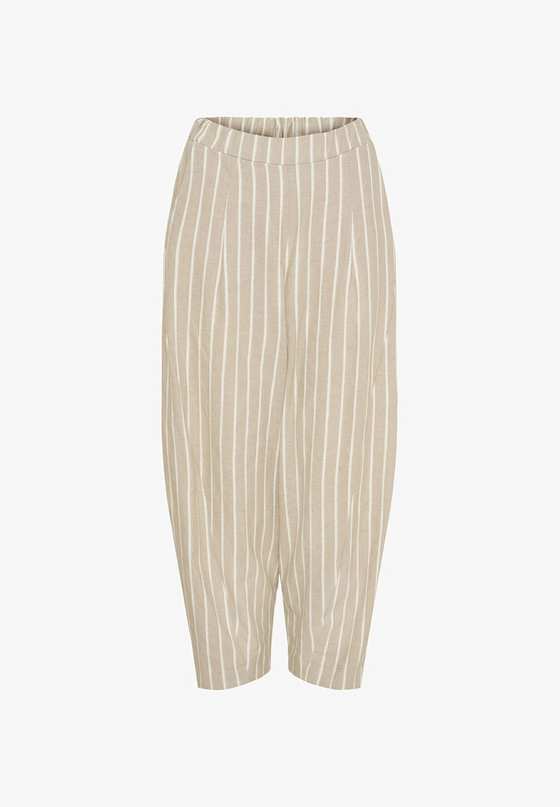 Beige harembukser lavet af blødt stof, med lodrette hvide striber, elastisk talje og løse tapered ben.