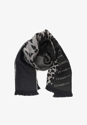 Écharpe noire et grise à motif animalier avec le texte "CLASS CAVALLI", présentant des bords frangés.