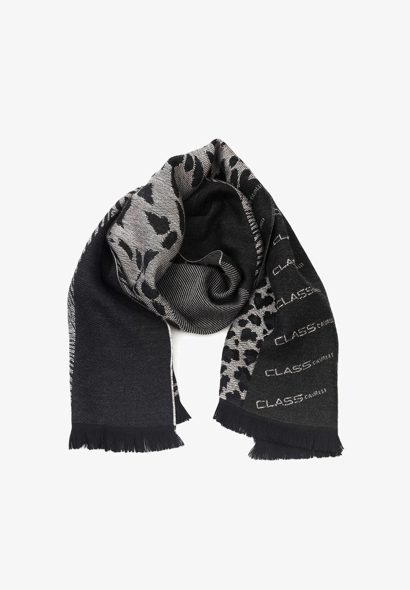 Zwart en grijs patroon sjaal met dierenprint en tekst "CLASS CAVALLI", voorzien van franjeranden.