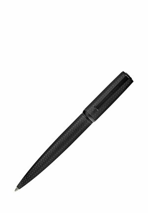 Czarny teksturowany długopis z klipsem, zwężanym kształtem i logo "Hugo Boss" na nasadce.