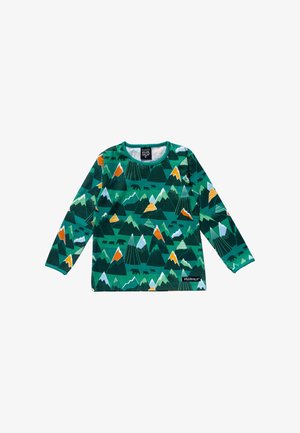 Vihreä, pitkähihainen lasten paita, jossa on vuori- ja karhukuvioita oranssin, valkoisen ja mustan sävyissä, pyöreällä pääntiellä.
