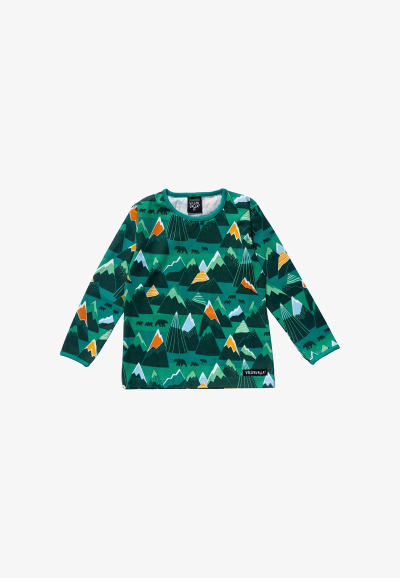 Groen kinderpullover met lange mouwen en berg- en berenpatronen in oranje, wit en zwart, met een ronde halslijn.