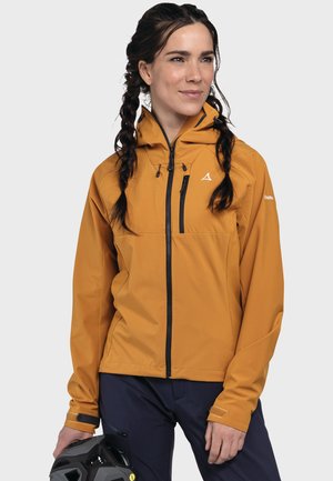 Orange softshell jacket with a zippered front, adjustable hood, and black hardware. Features a chest pocket and long sleeves with thumbholes.