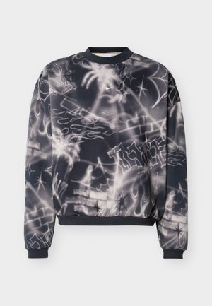 Schwarzer und grauer Sweatshirt mit Rundhalsausschnitt und abstrakten weißen Airbrush-Mustern, kleinem weißem Nike-Swoosh auf der Brust, gerippten Bündchen und Bund.