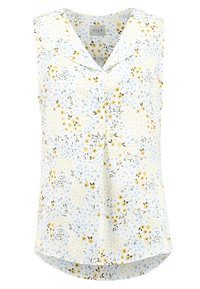 Ärmellös blus med V-halsringning, med ett blommönster i gult och blått på en ljus bakgrund, med en lätt böjd fåll.