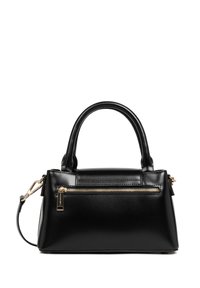 Borsa a mano in pelle nera con forma strutturata, doppio manico, dettagli con zip in tono oro sul davanti e tracolla staccabile. Texture liscia.