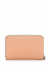 Peach-colored wallet with smooth texture, zip closure, and contrasting black stitching. Rectangular shape. Minimalistic design.