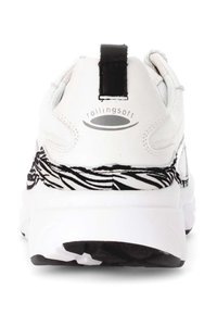 Witte sneaker met een zwart-wit zebra print accent rond de tussenzool, voorzien van een zwarte trekband en 'rollingsoft' branding.