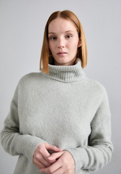 Maglione a collo alto grigio chiaro realizzato in morbido materiale a maglia con colletto e polsini a costine. Presenta una vestibilità comoda e una texture sottile.