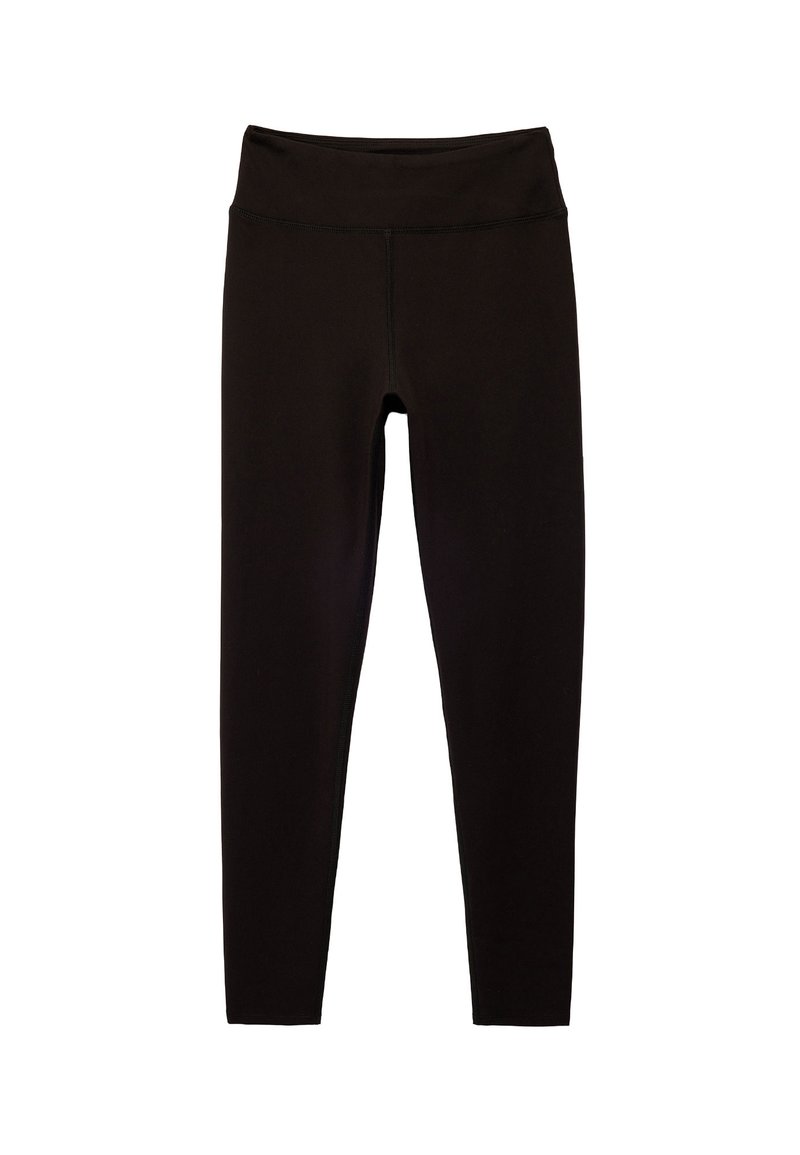 Zwarte leggings van rekbaar materiaal, met een hoge tailleband, effen kleur, gladde textuur en zonder zichtbare patronen of accenten.