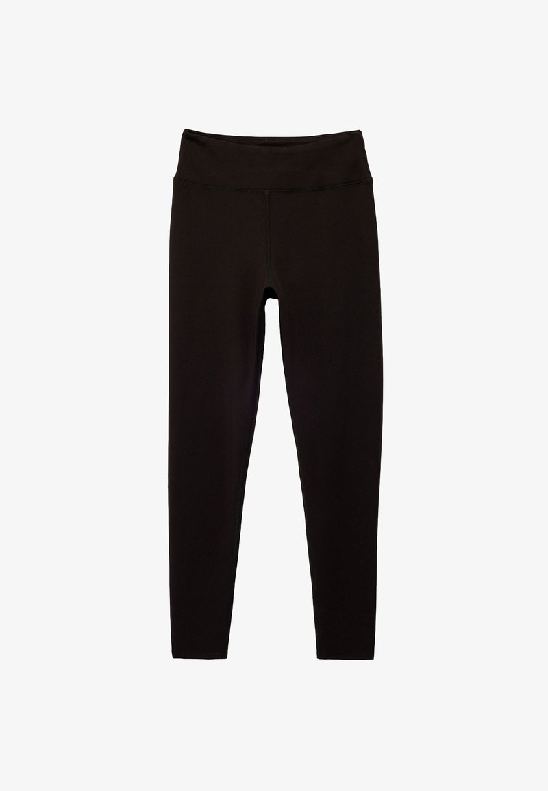 Zwarte leggings van rekbaar materiaal, met een hoge tailleband, effen kleur, gladde textuur en zonder zichtbare patronen of accenten.