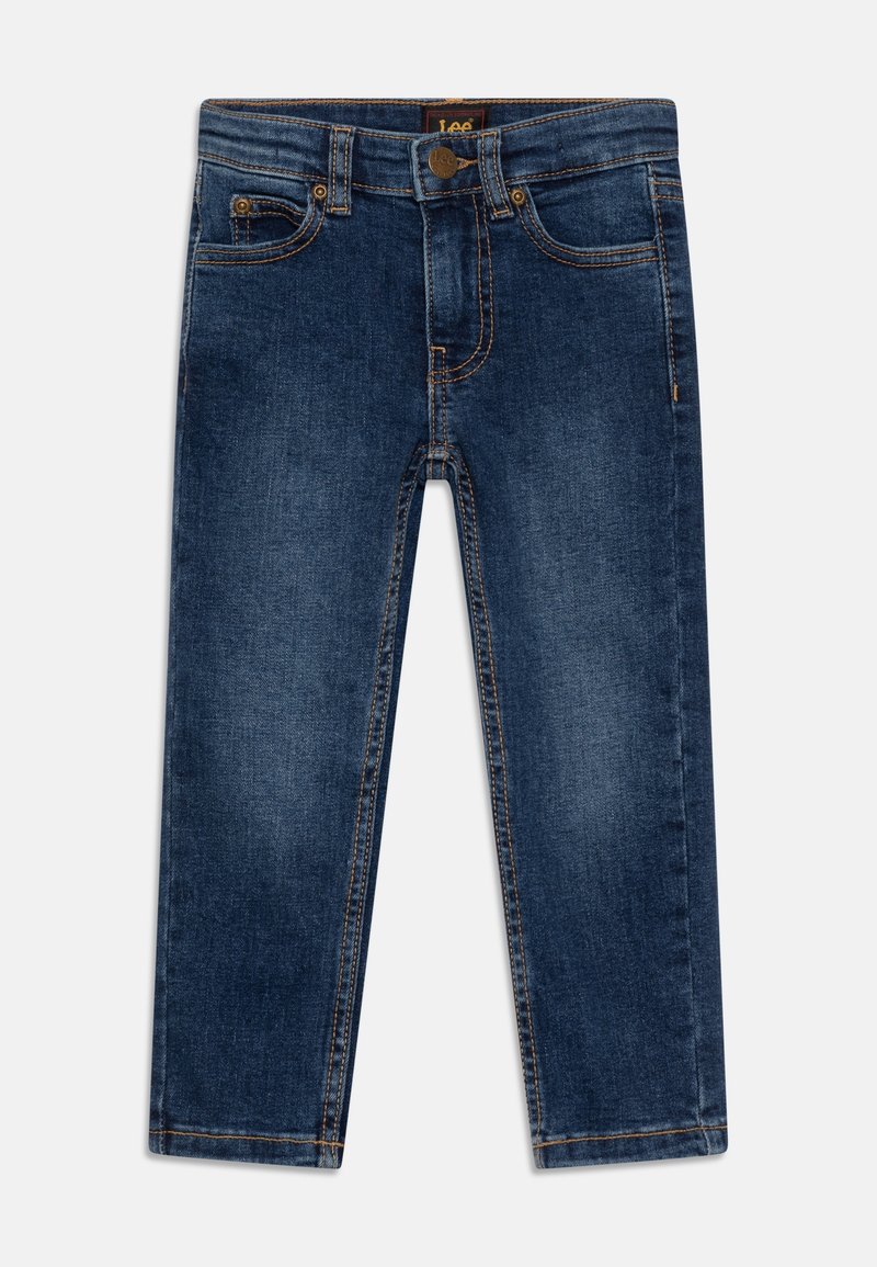 Jean en denim bleu marine avec une coupe droite classique, cinq poches et des coutures contrastées de couleur tan.