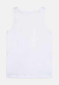 Weißes ärmelloses Baumwoll-Tanktop mit rundem Ausschnitt und glatter Textur, ohne sichtbare Muster oder Akzente auf der Rückseite.