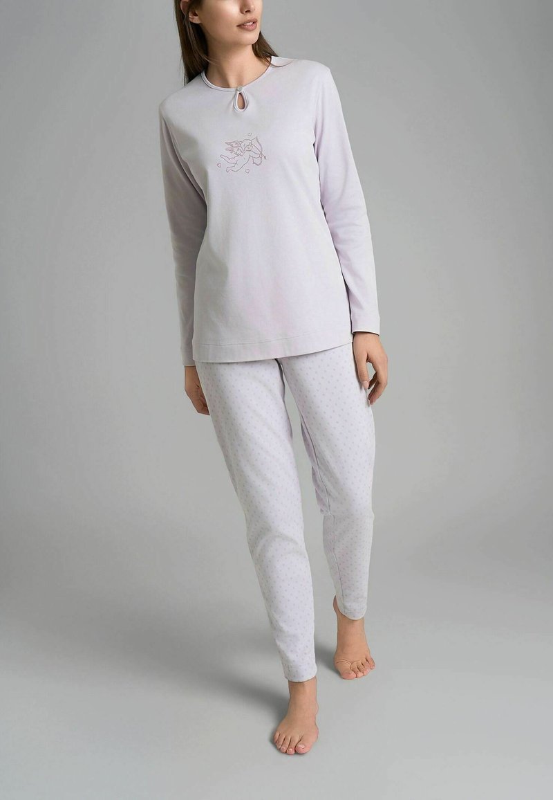 Set di pigiama lilla con maglia a maniche lunghe caratterizzata da una scollatura a chiave e una grafica di cavallo, abbinata a pantaloni tapered a pois.