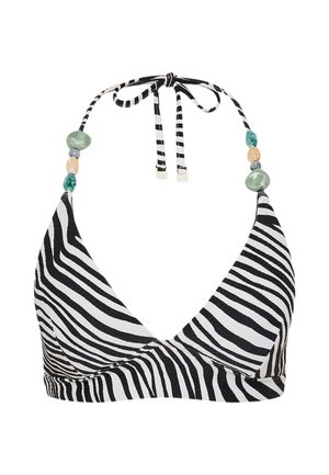 Schwarz-weiß gestreiftes Zebramuster Bikinioberteil mit Neckholderverschluss und dekorativen grünen, blauen und beigen Perlen.