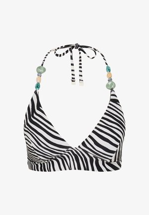 Schwarz-weiß gestreiftes Zebramuster Bikinioberteil mit Neckholderverschluss und dekorativen grünen, blauen und beigen Perlen.