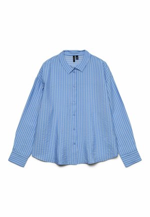 Mėlyna marškiniai su vertikaliomis baltomis juostelėmis, ilgomis rankovėmis, apykakle ir užsegamais rankogaliais, išdėstyti ant balto fono.