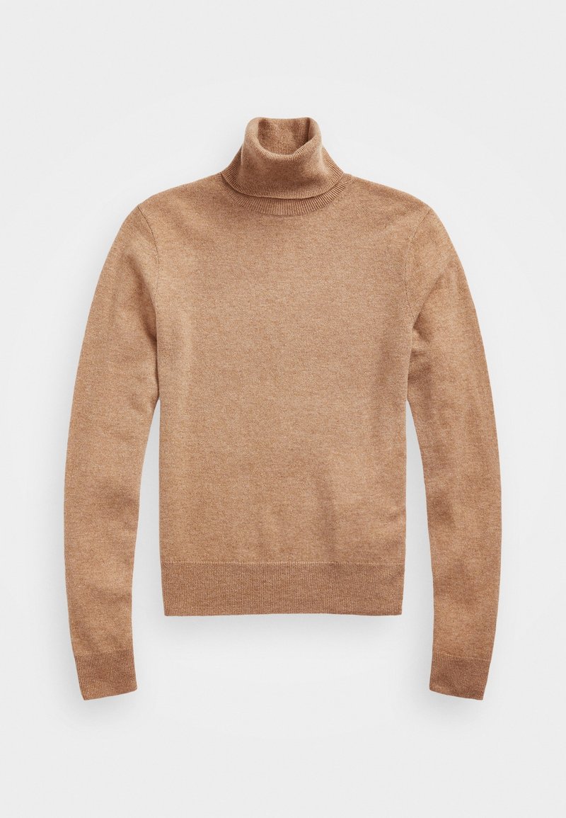 Pull à col roulé à manches longues de couleur fauve, avec col, poignets et ourlet côtelés, posé à plat sur un fond blanc.