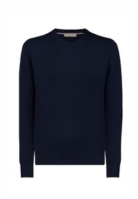 Maglione blu navy a coste con scollo rotondo e maniche lunghe, caratterizzato da tessuto strutturato e silhouette aderente.