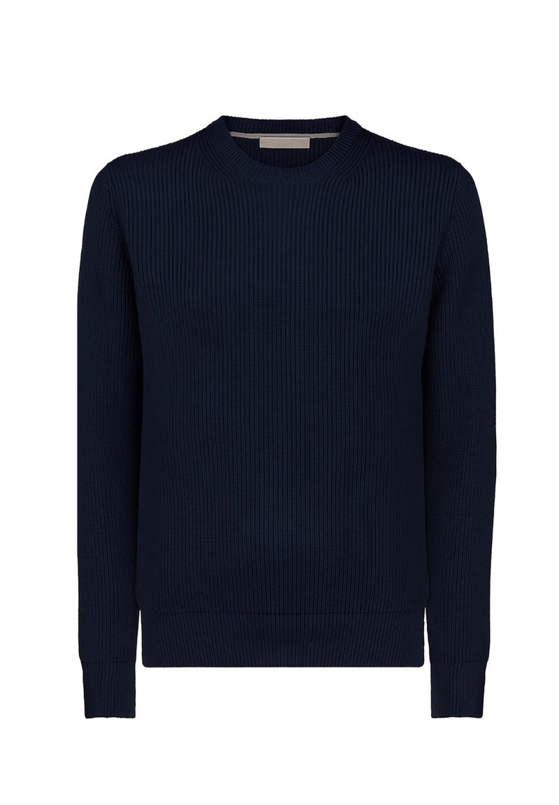 Maglione blu navy a coste con scollo rotondo e maniche lunghe, caratterizzato da tessuto strutturato e silhouette aderente.