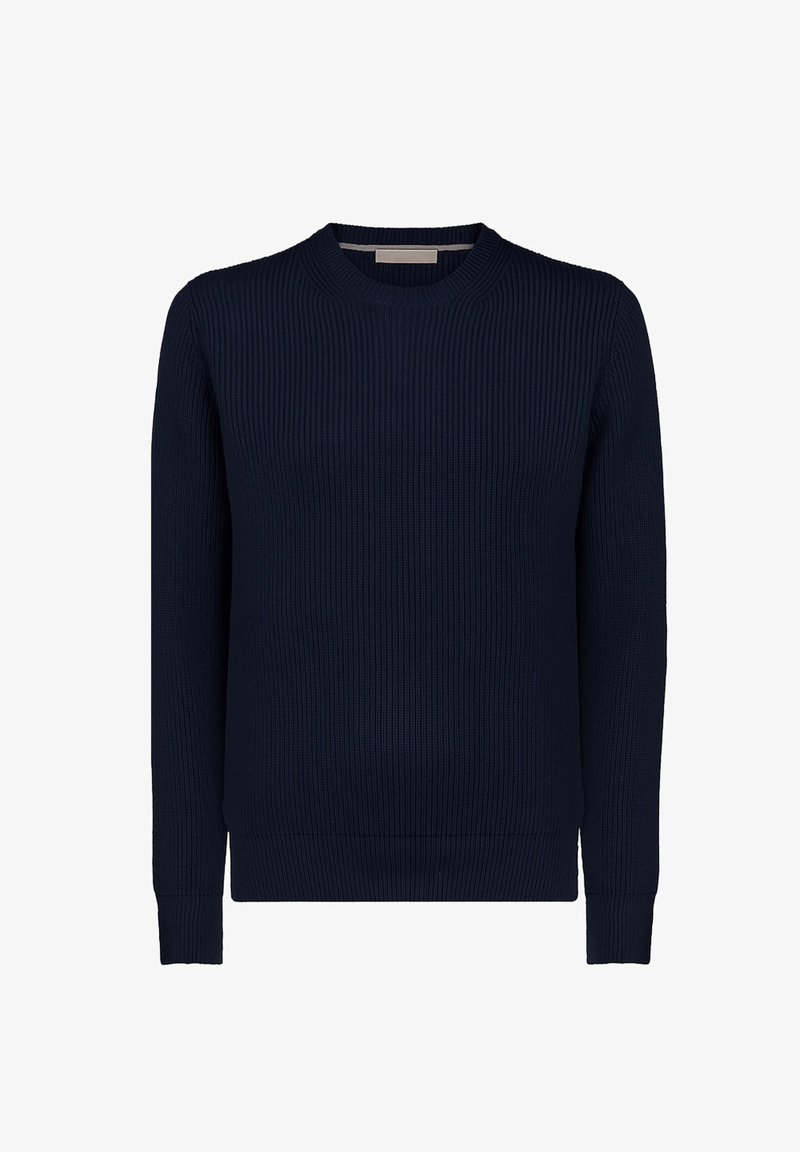 Maglione blu navy a coste con scollo rotondo e maniche lunghe, caratterizzato da tessuto strutturato e silhouette aderente.