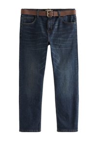 Ciemnoniebieskie jeansy denimowe z delikatnym wyblaknięciem, pięciokieszeniowym krojem oraz brązowym skórzanym paskiem z metalową klamrą.