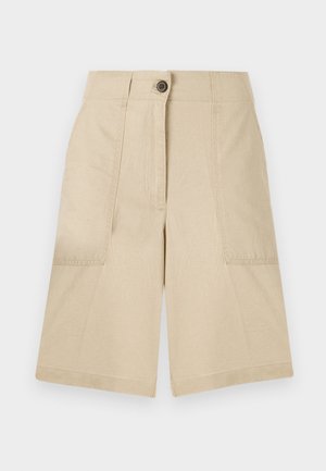 Beige linshorts med to sidelommer, knappelukking foran, rett snitt og en jevn tekstur. Rent design uten mønstre.