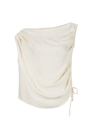 Cream-colored draped top made from textured fabric, featuring a one-shoulder design and a drawstring detail on the side.