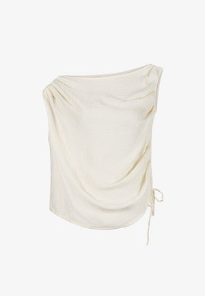 Cremfarbener, drapierter Oberteil aus strukturiertem Stoff, mit einseitigem Träger und einer Kordelzug-Detail an der Seite.
