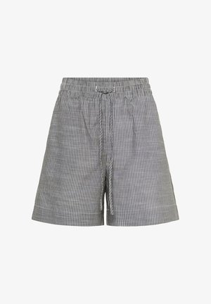 Pantalones cortos grises con finas rayas blancas verticales, cintura elástica y cordón frontal, mostrados sobre un fondo blanco.