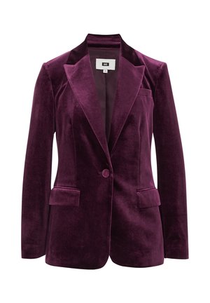 Blazer din catifea, violet închis, cu rever tăiat, închidere cu un singur nasture și două buzunare frontale. Textură netedă cu o croială adaptată.
