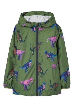 Impermeable verde para niños con capucha y estampados coloridos de dinosaurios en rosa, azul y marrón, con cierre frontal de cremallera.