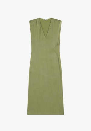 Robe sans manches vert olive avec décolleté en V et détail discret de pli latéral, longueur au genou, en tissu lisse.