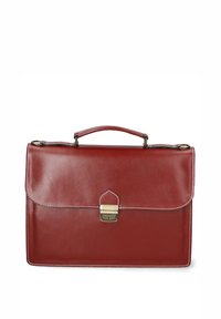 Valigia in pelle rossa con una texture liscia, manico superiore e chiusura in tonalità oro. Presenta cuciture bianche a contrasto lungo i bordi.