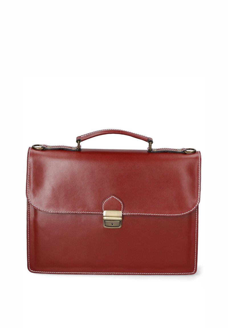 Valigia in pelle rossa con una texture liscia, manico superiore e chiusura in tonalità oro. Presenta cuciture bianche a contrasto lungo i bordi.