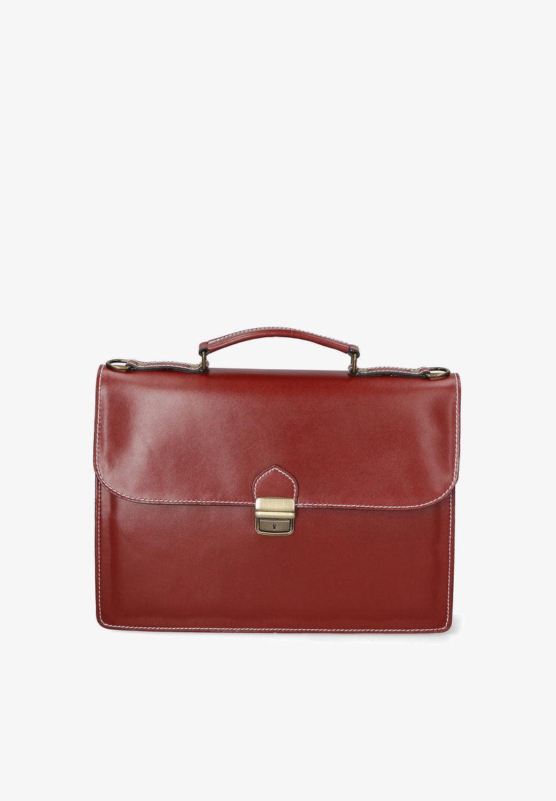 Valigia in pelle rossa con una texture liscia, manico superiore e chiusura in tonalità oro. Presenta cuciture bianche a contrasto lungo i bordi.