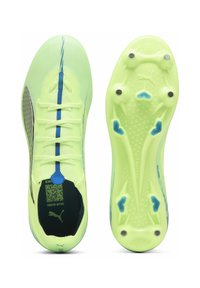 Scarpette da calcio gialle brillanti con una tomaia in mesh testurizzato, dettagli blu e una suola leggera con sei tacchetti per migliorarne la trazione.