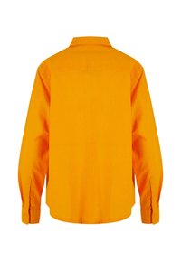 Orange long-sleeve shirt with a collared neckline, button cuffs, and a smooth texture. The back is plain, without patterns or accents.