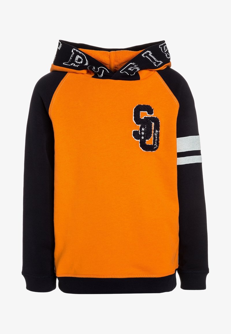 Sweat à capuche orange et noir avec manches noires, une double bande réfléchissante sur le bras droit, et un patch "SD University" sur la poitrine.